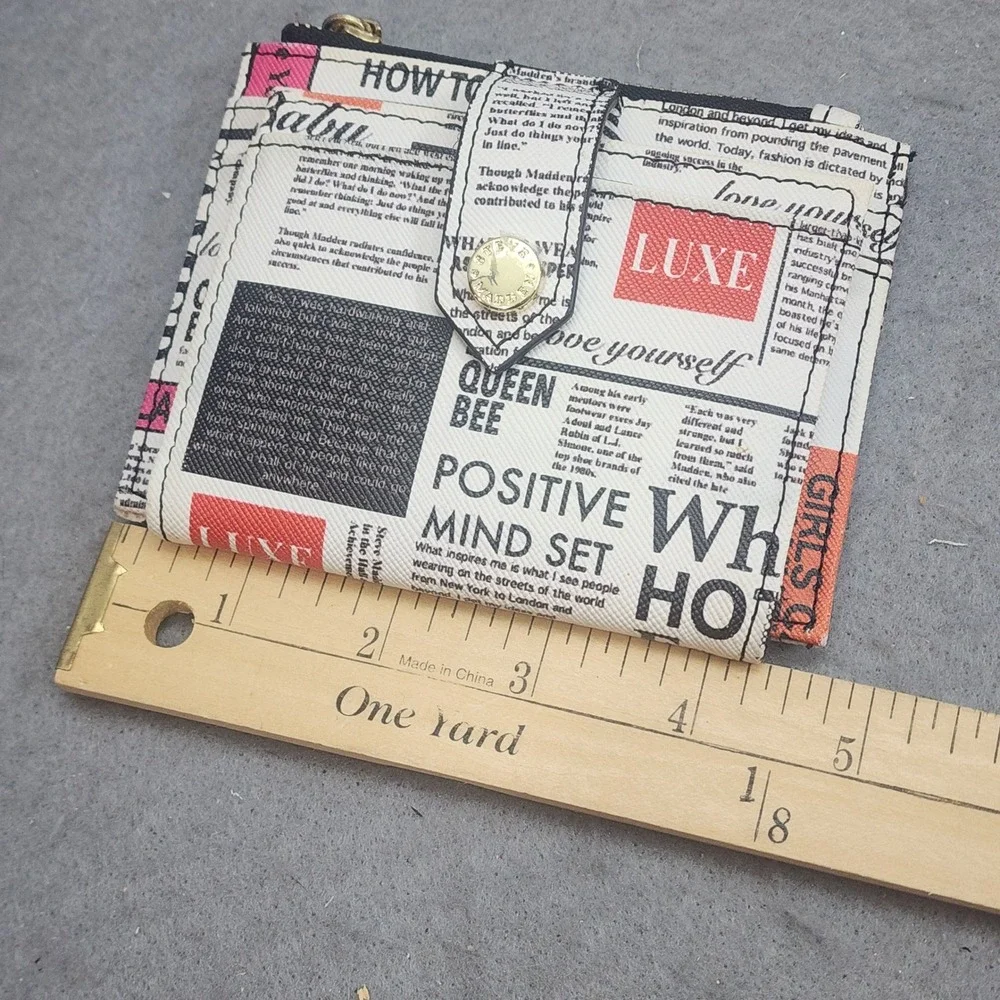Steve Madden Bifold Wallet Newsprint Typography Print Gold Tone Women OS